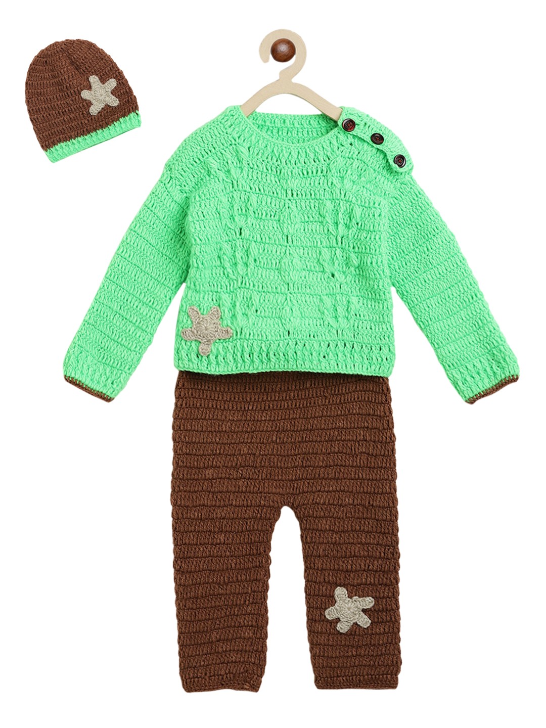 

CHUTPUT Kids Green & Brown Hand-Knitted Woolen Sweater with Trousers & Cap