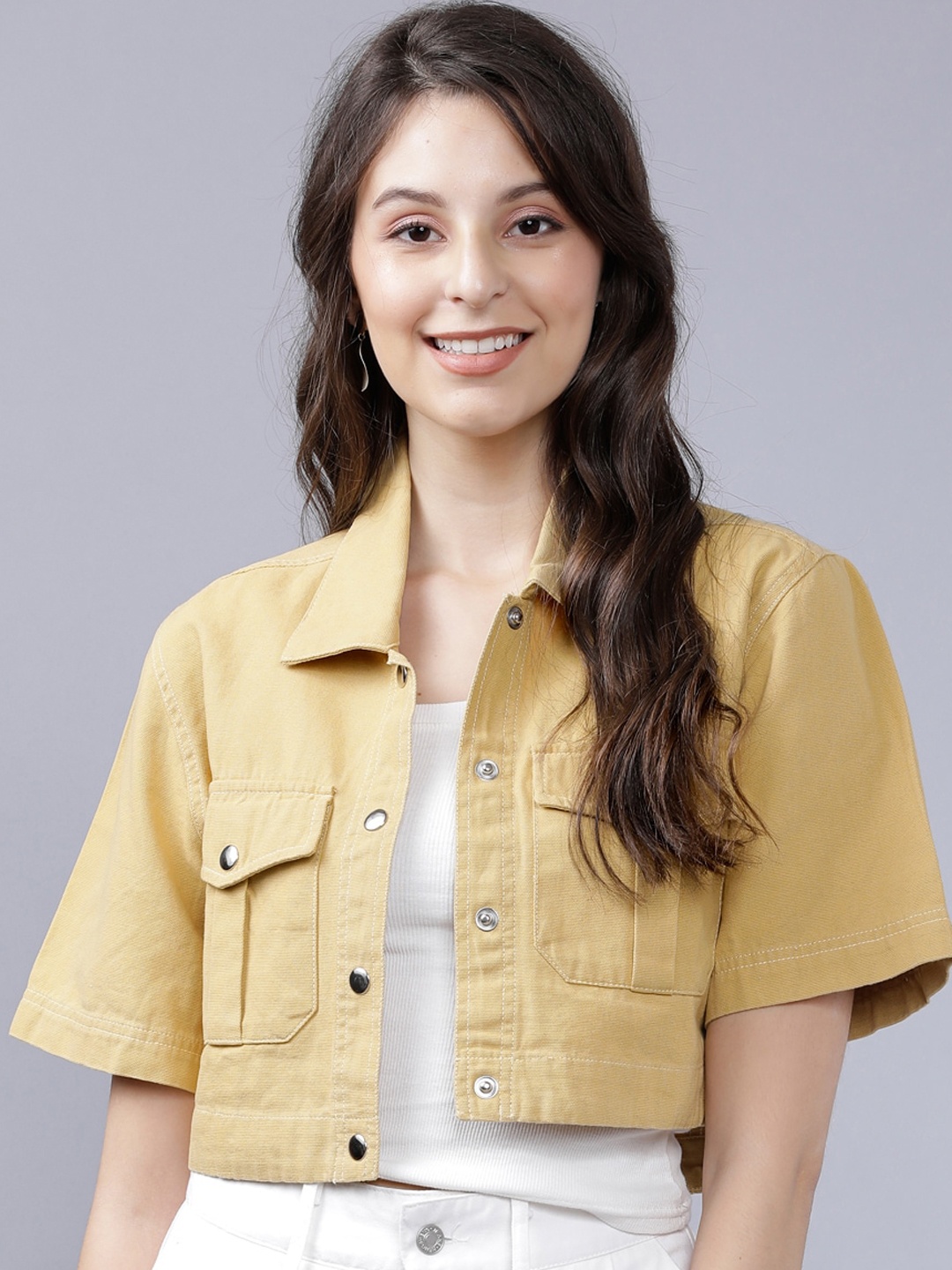 

Tokyo Talkies Women Yellow Solid Casual Crop Shirt
