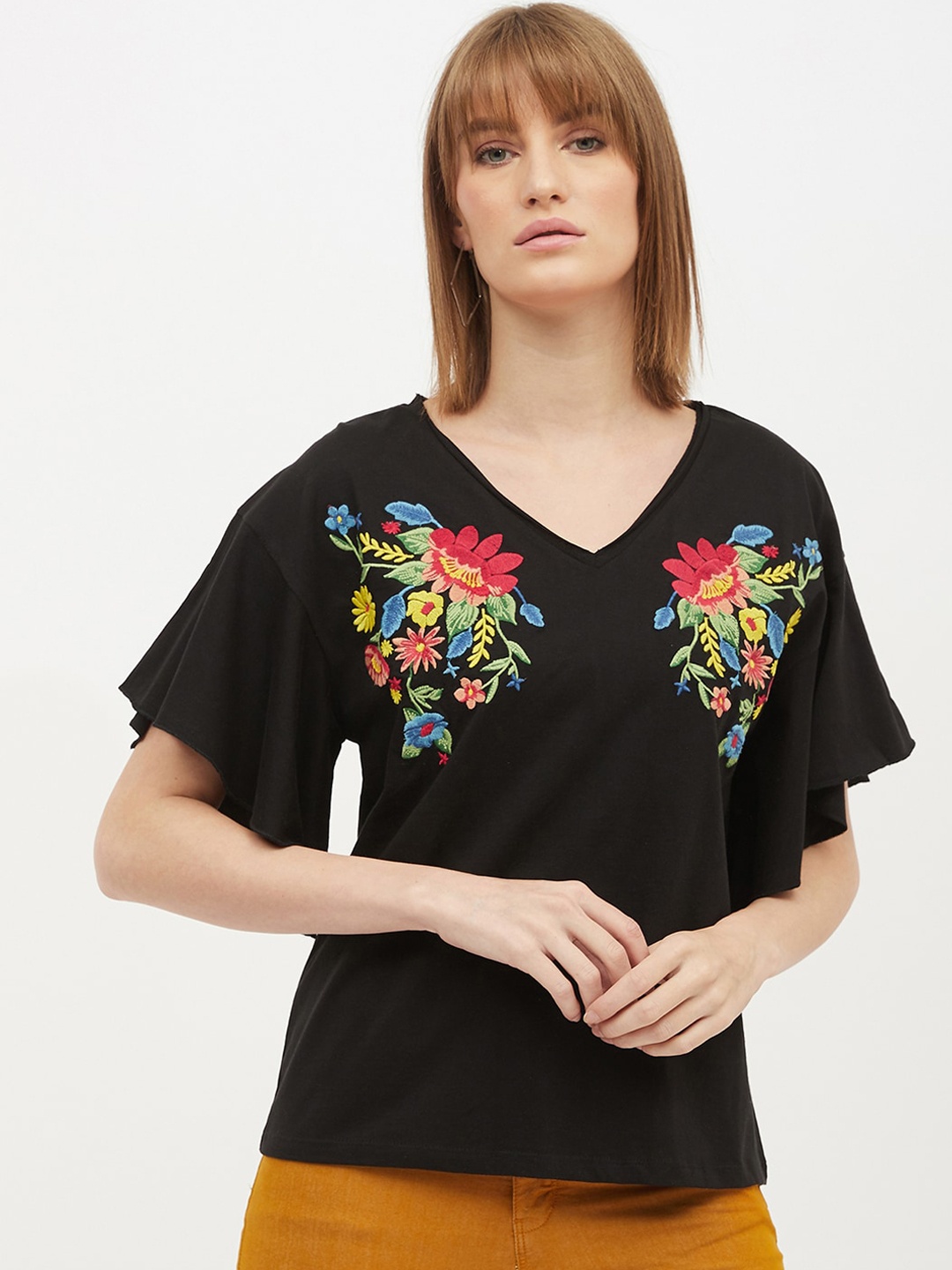Harpa Women Black Embroidered A-Line Pure Cotton Top