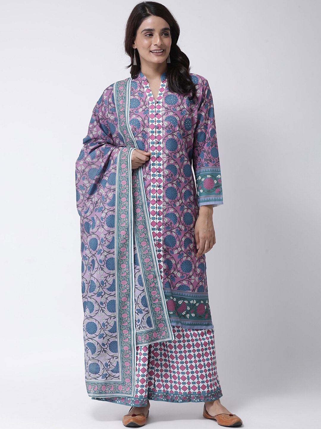 

Hangup Women Purple & Blue Printed Kurta with Palazzos & Dupatta