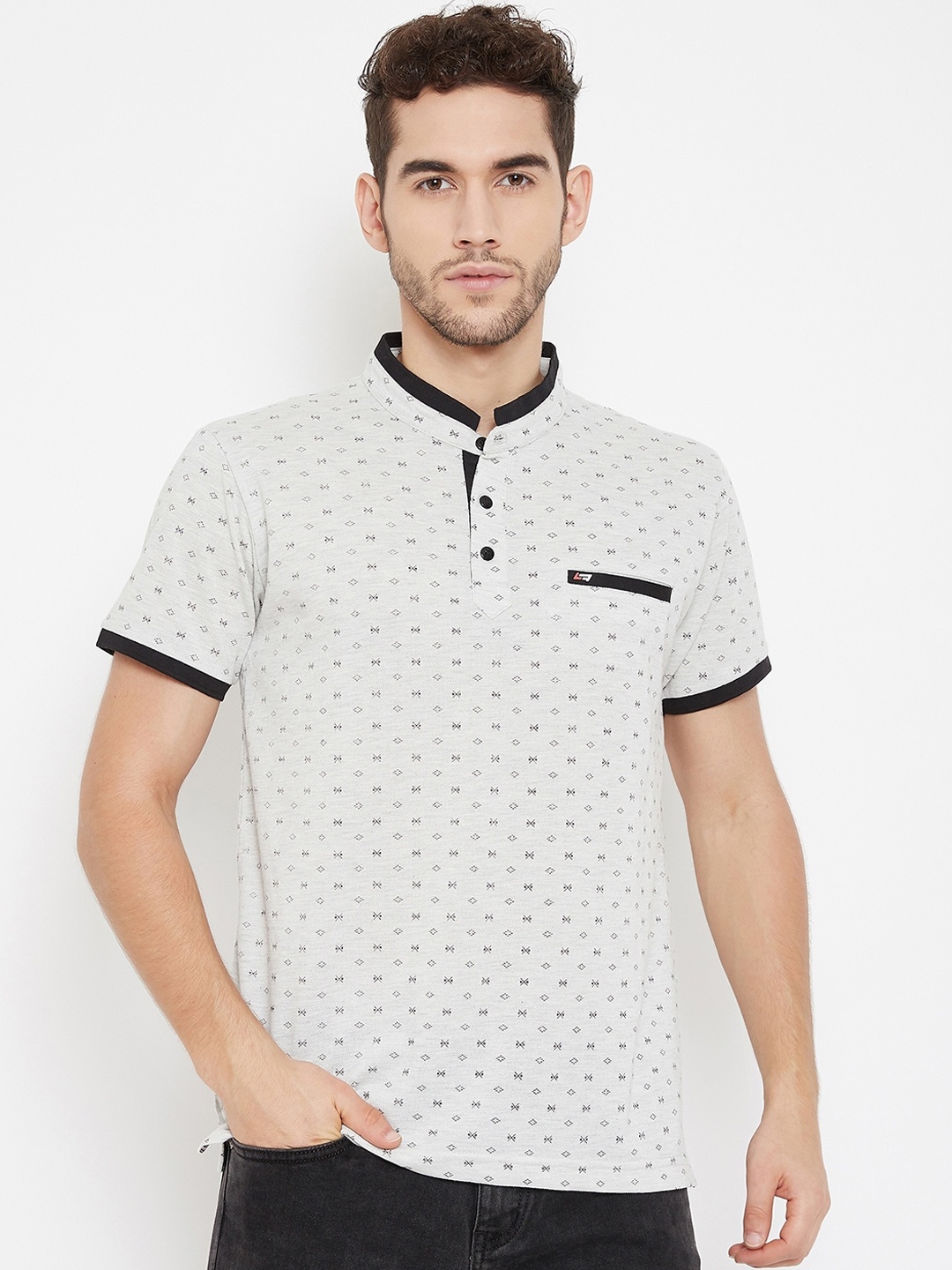

NEVA Men Grey Printed Mandarin Collar T-shirt