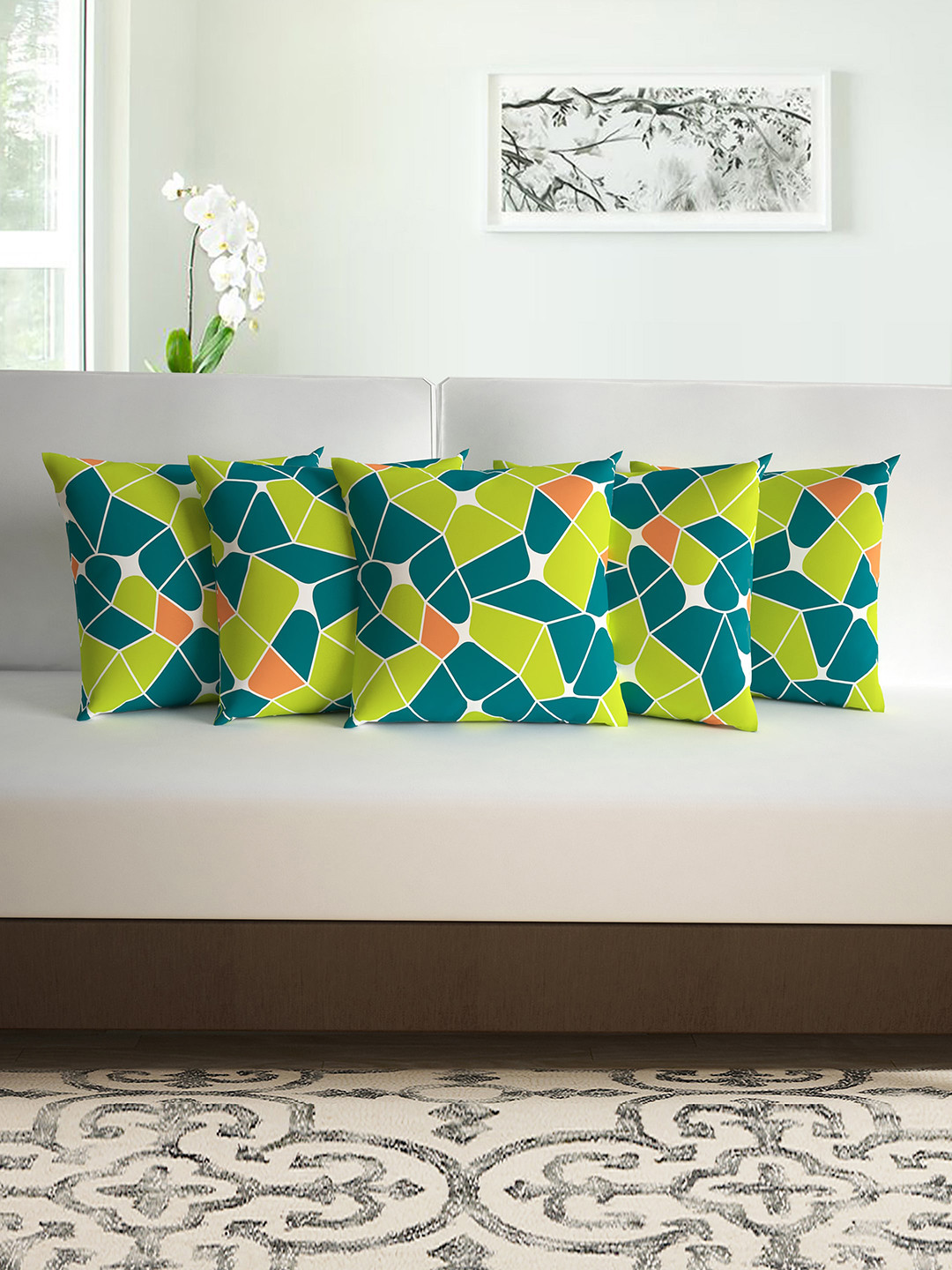 

Divine Casa Green & Orange Set of 5 Geometric Square Cushion Covers