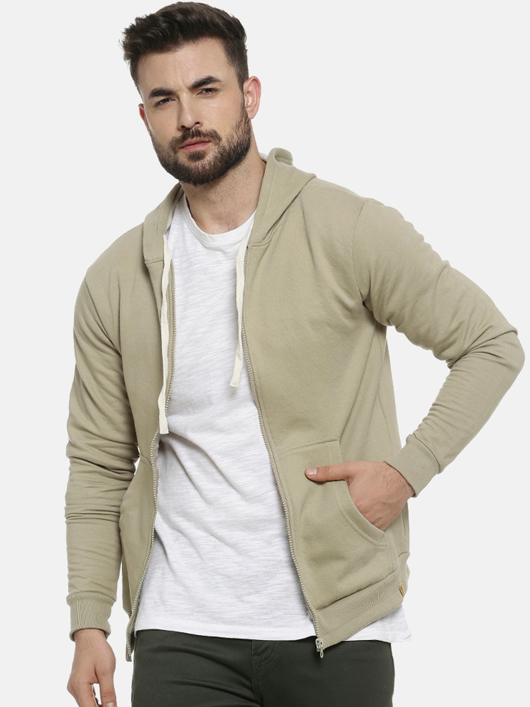 

Campus Sutra Men Olive Green Solid Hooded Sweatshirt