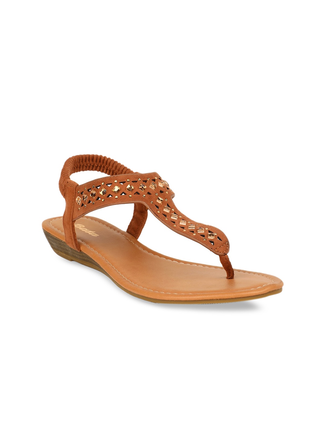 

Bata Women Brown Embellished PU T-Strap Flats