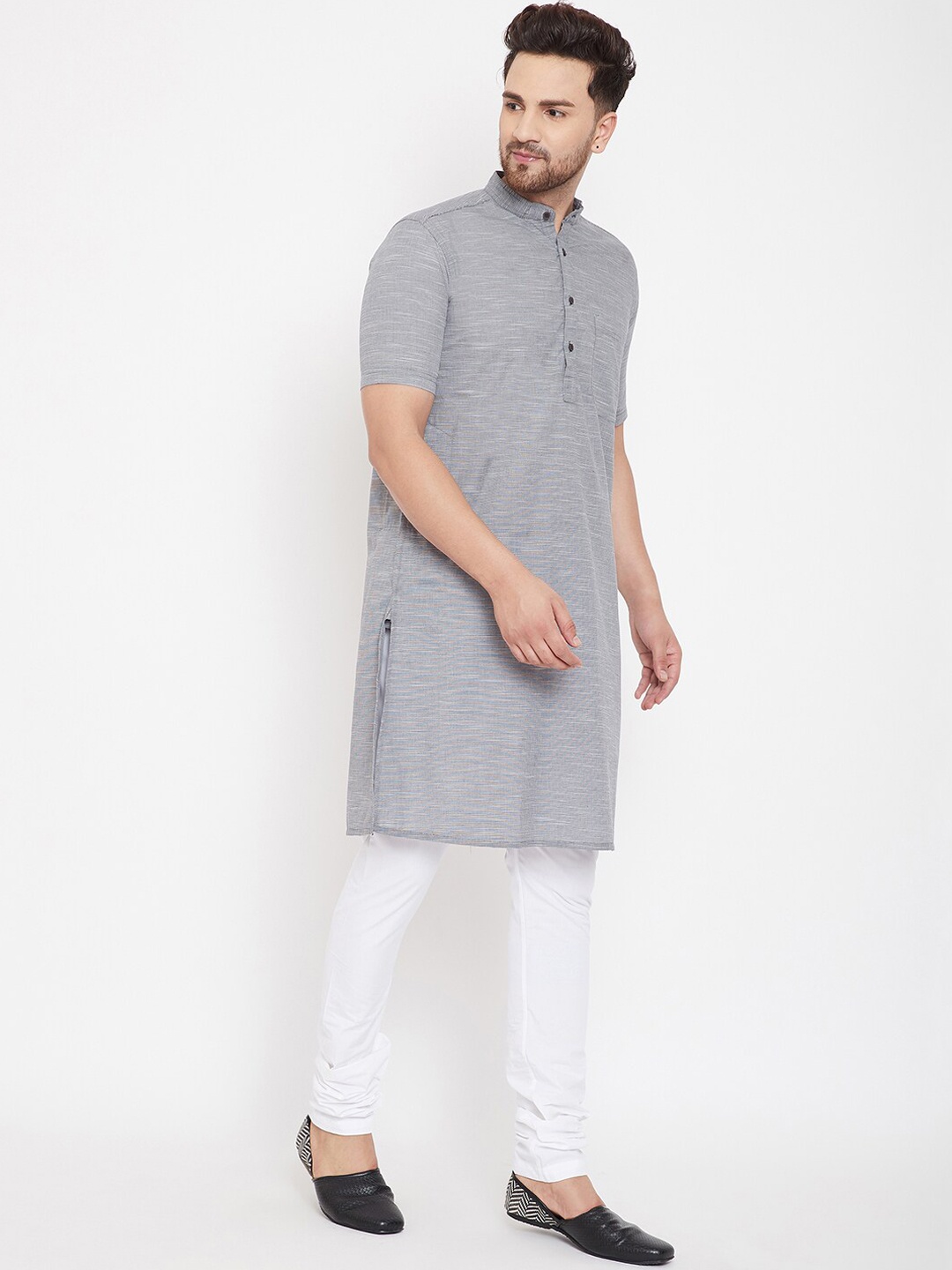 

even Men Grey Striped Straight Kurta