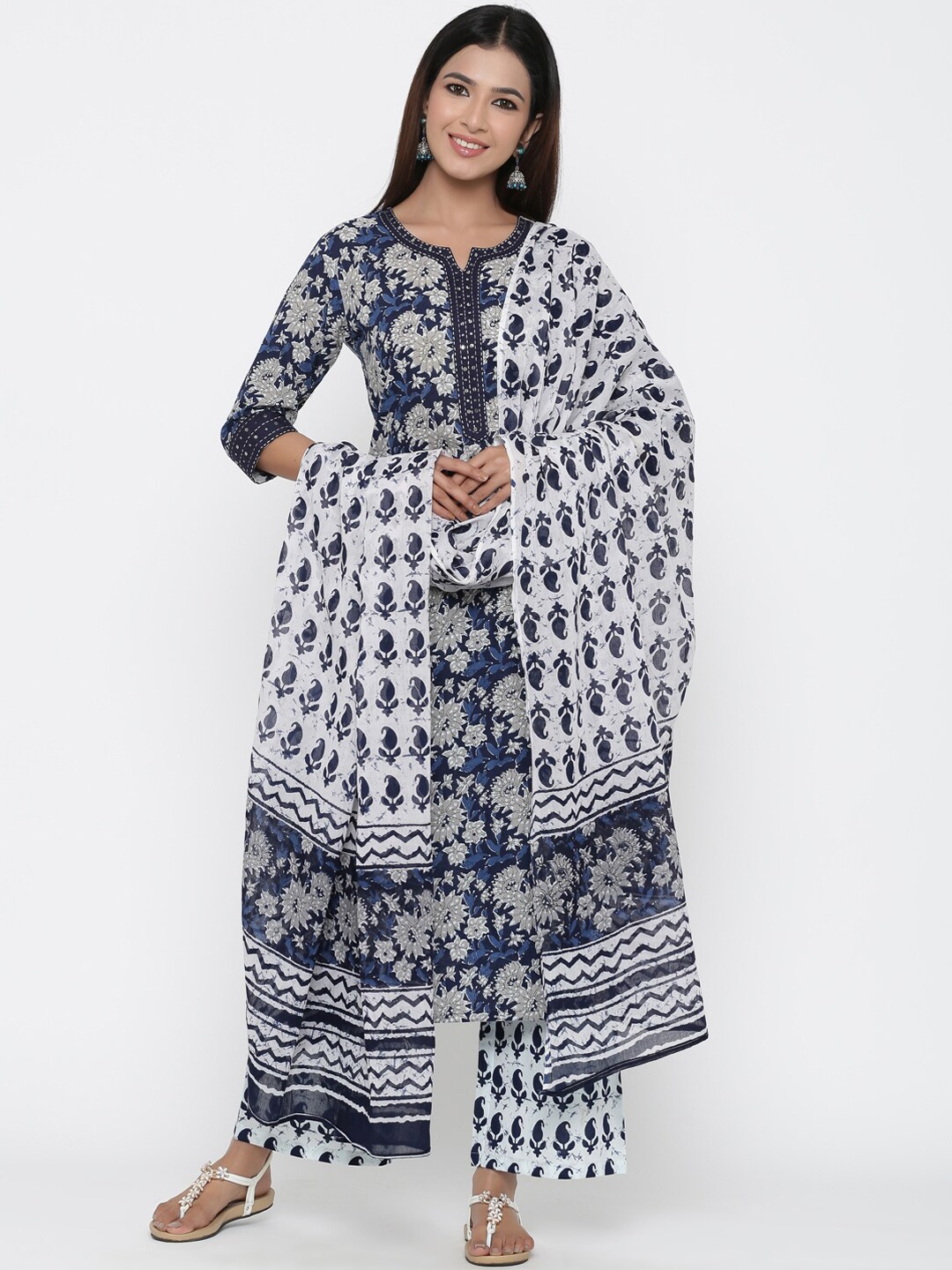 

Silai Bunai Women Blue & White Printed Kurta with Palazzos & Dupatta