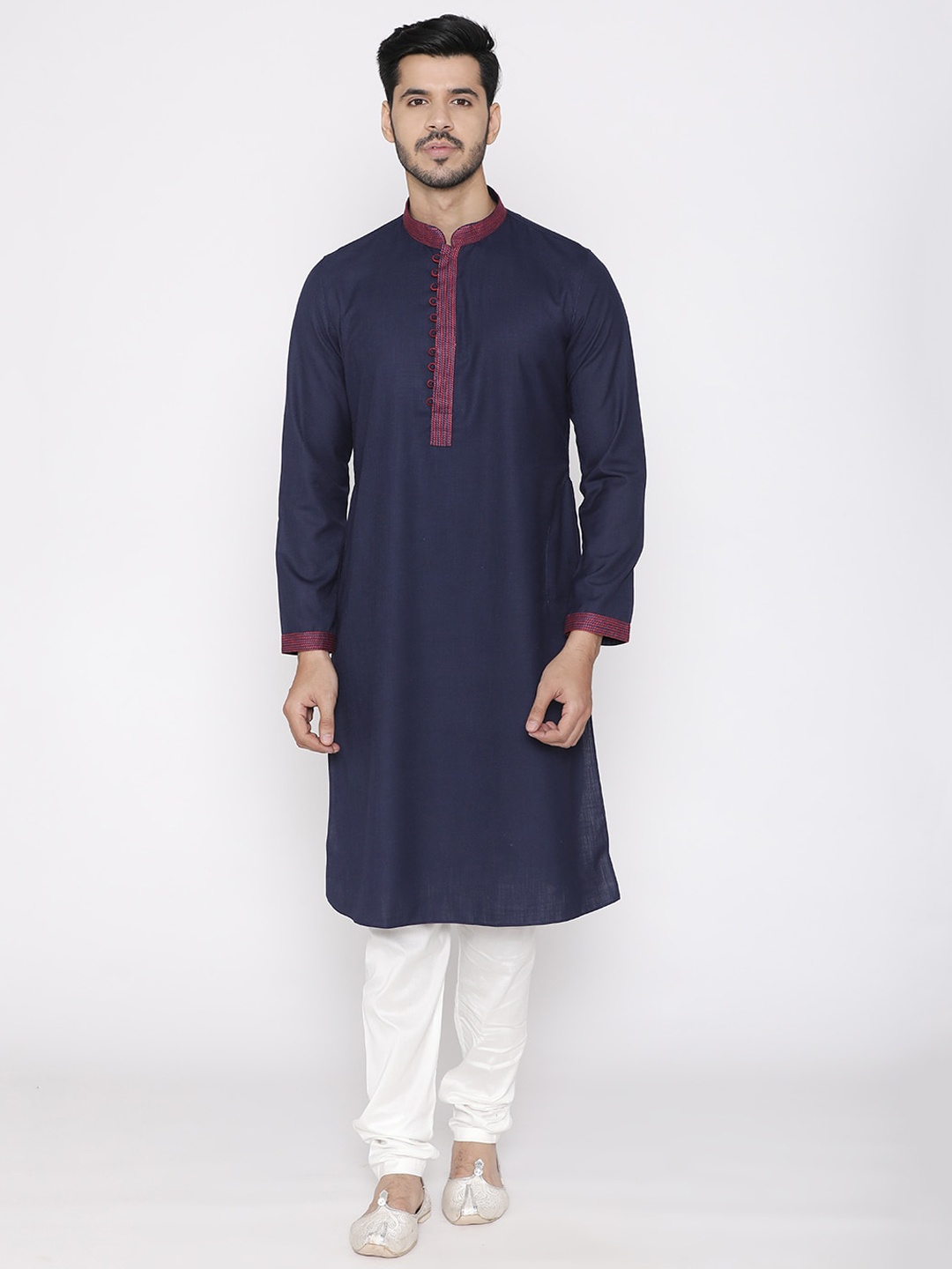 Manu Men Navy Blue & White Self Design Kurta with Churidar
