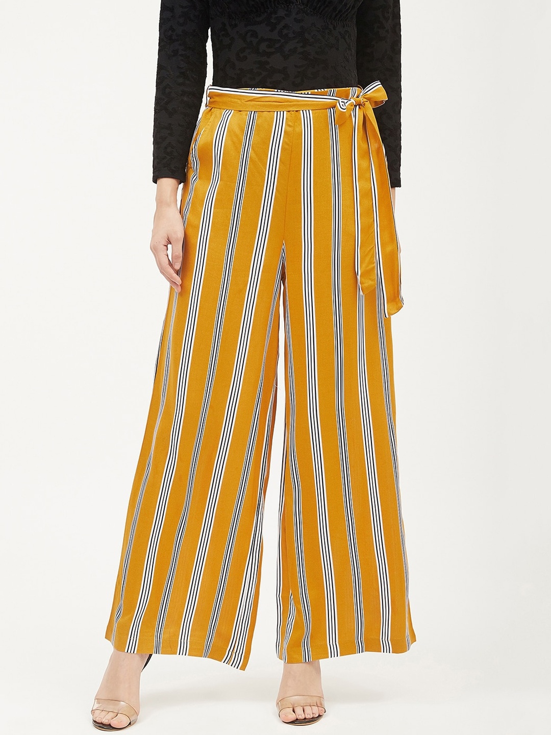 

Harpa Women Mustard Yellow & White Smart Regular Fit Striped Regular Trousers