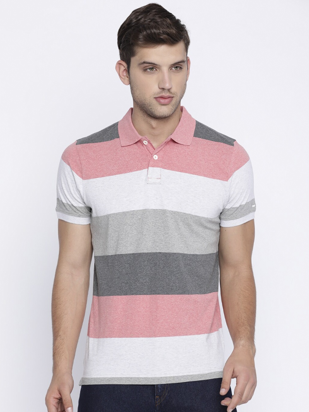 

Basics Men Pink Striped Round Neck T-shirt