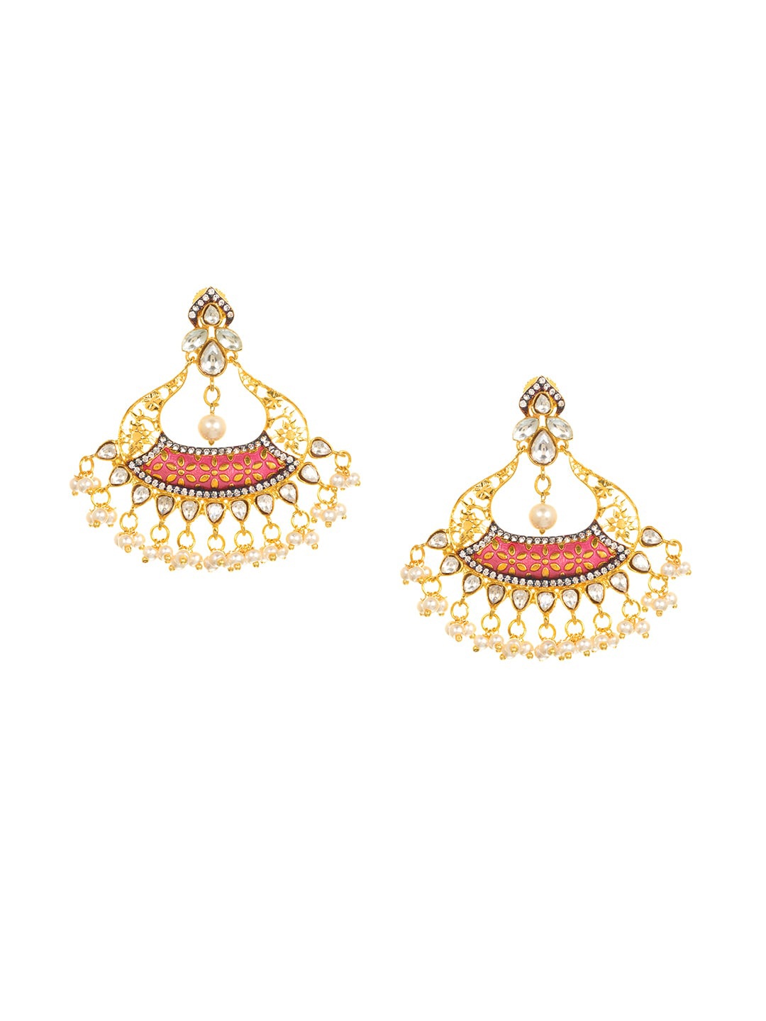 

INDYA Gold-Plated & Pink Handcrafted Kundan Studded Crescent Shaped Chandbalis, Rose gold