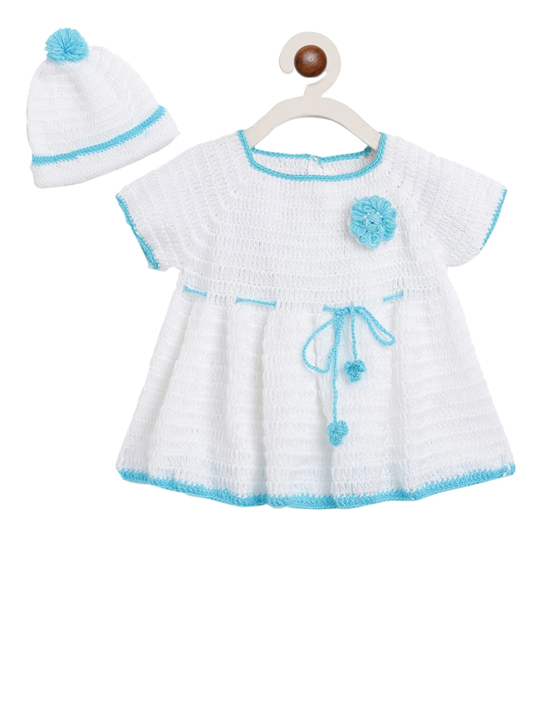 

CHUTPUT Girls White & Blue Hand-Knitted Crochet Woolen A-Line Dress with Beanie Cap