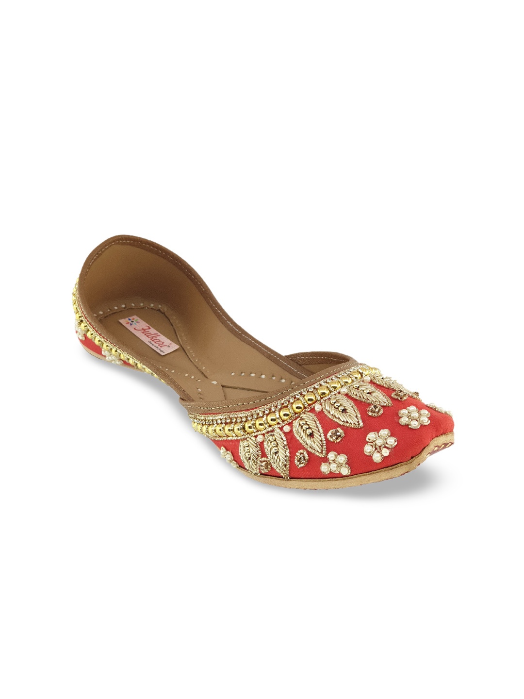 

Fulkari Women Red & Gold-Toned Embellished Leather Mojaris