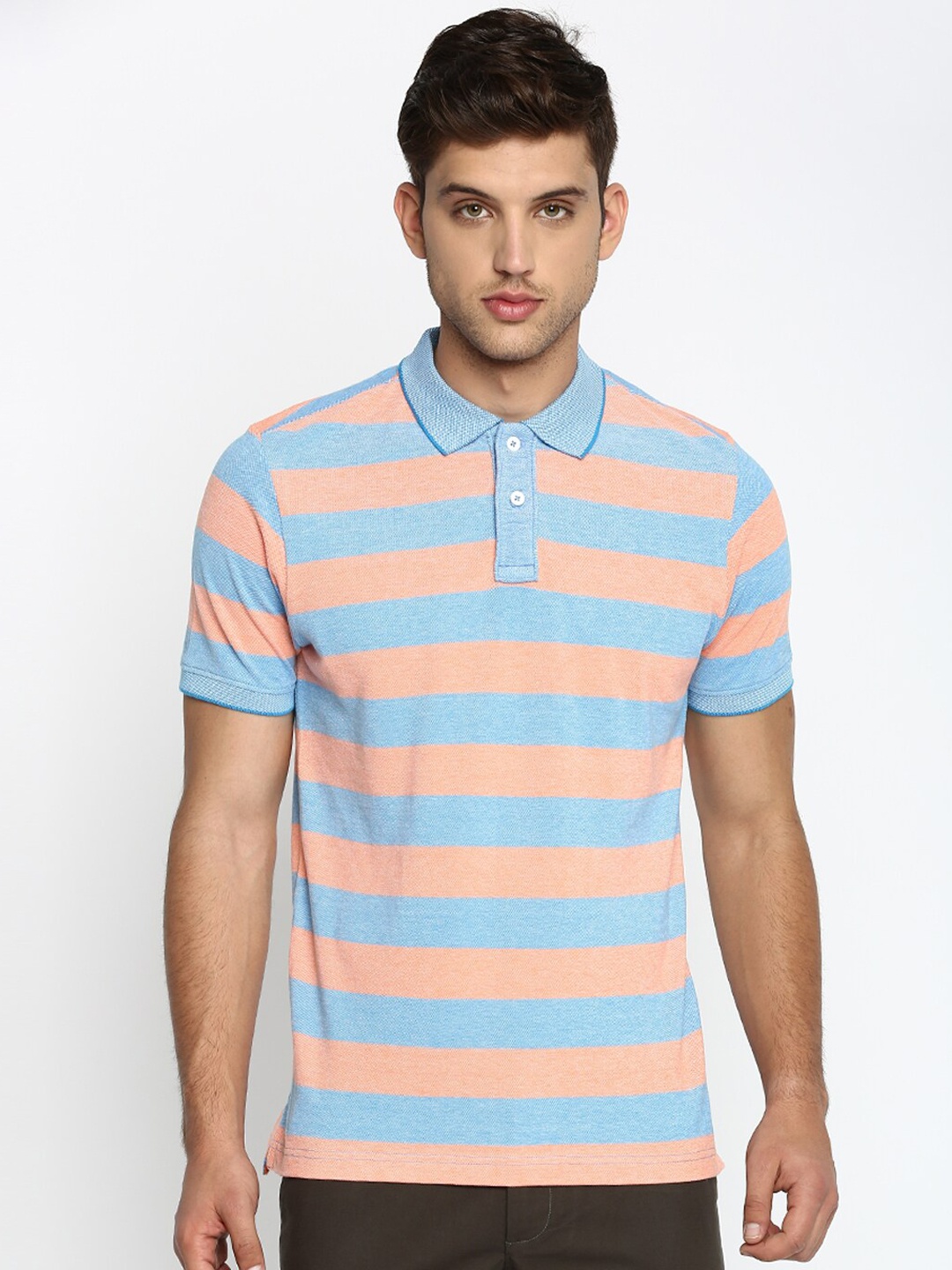 Basics Men Orange Striped Round Neck T-shirt