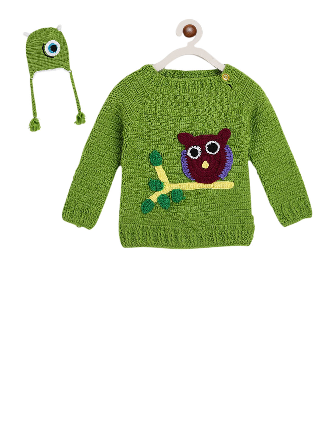 

CHUTPUT Kids Green & Brown Hand-Knitted Pullover Sweater with Beanie Cap