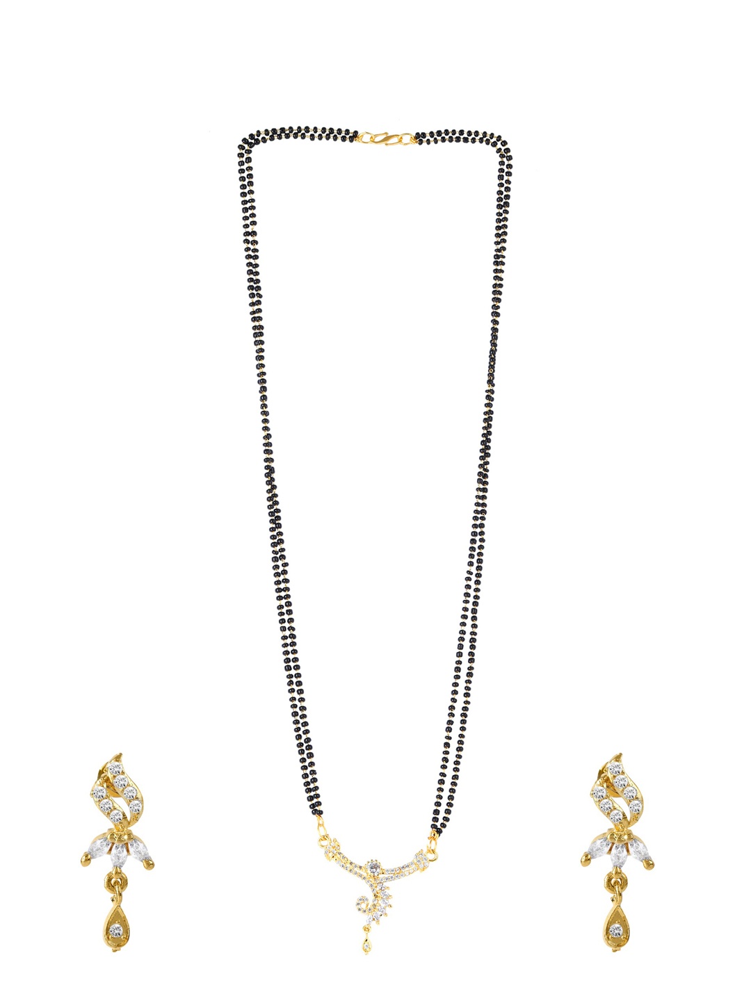 

Bhana Fashion Gold-Plated & Black Beaded AD-Studded Mangalsutra With Earrings