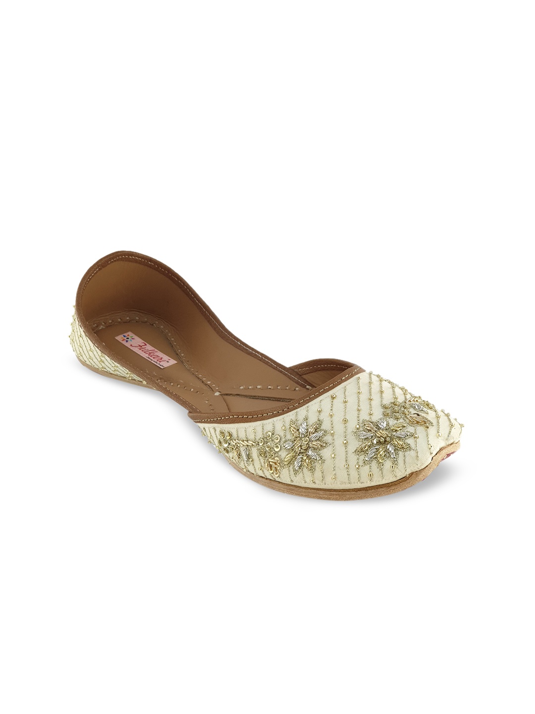

Fulkari Women Beige Embellished Leather Mojaris