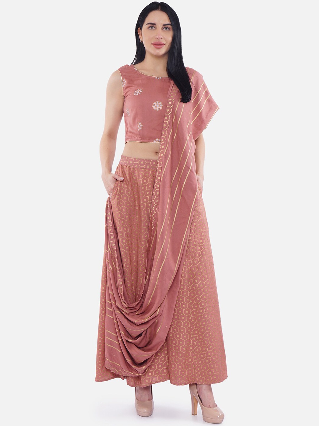 

Be Indi Women Peach-Coloured Woven Design Top with Palazzos & Dupatta