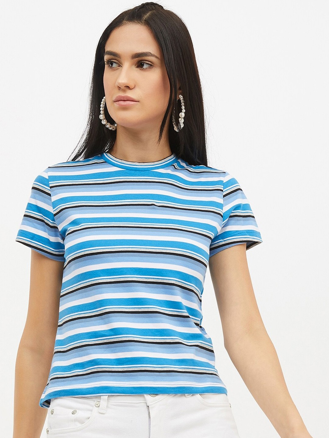 

Harpa Women Blue White Striped Round Neck Pure Cotton T-shirt