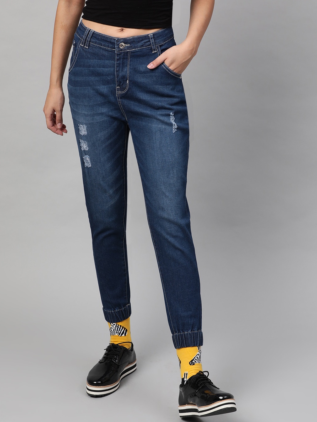 

STREET 9 Women Blue Jogger Mid-Rise Low Distress Stretchable Jeans