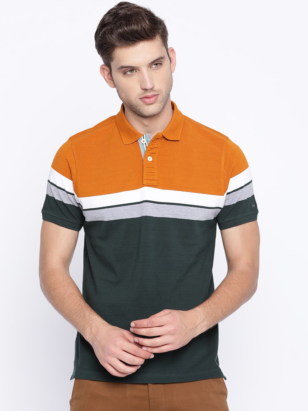 Basics Men Green Striped Polo Collar T-shirt