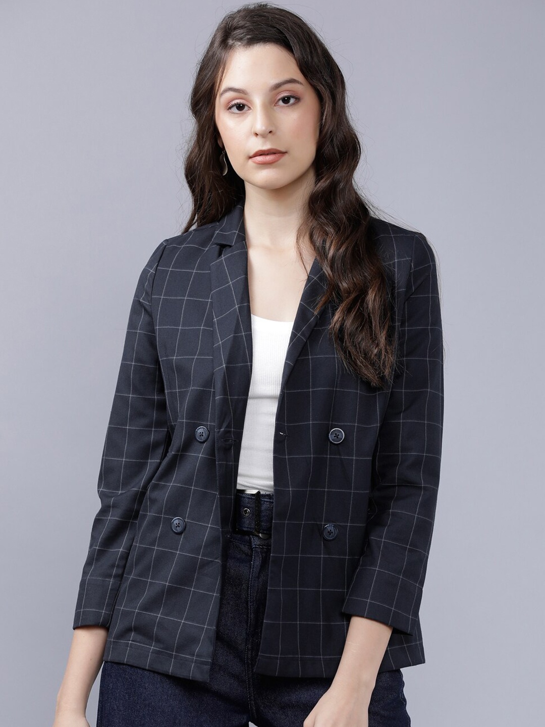 

CHIC BY TOKYO TALKIES Women Navy Blue Checked Casual-Fit Double-Breasted Casual Blazer