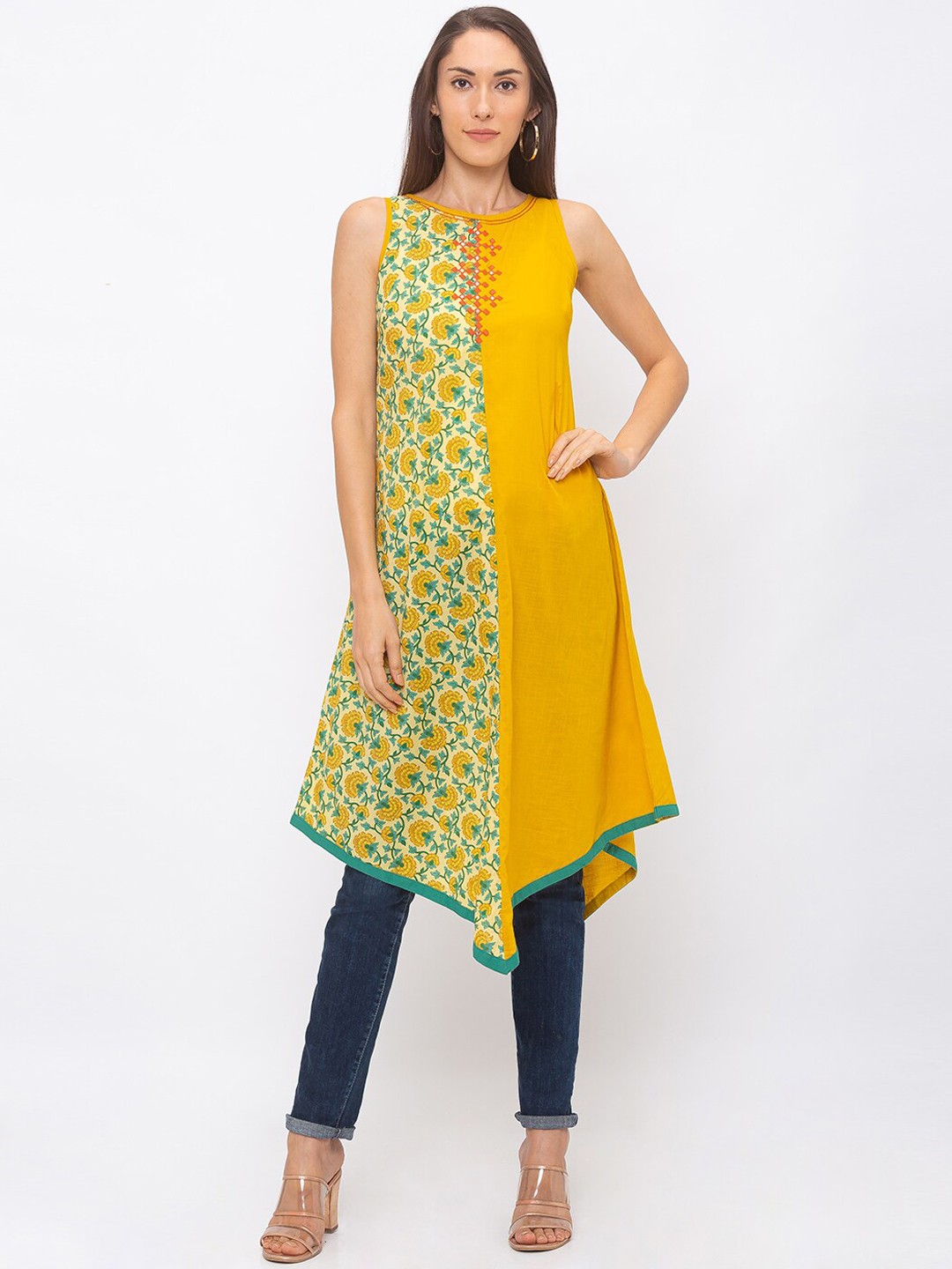 

Globus Women Yellow & Green Printed A-Line Kurta