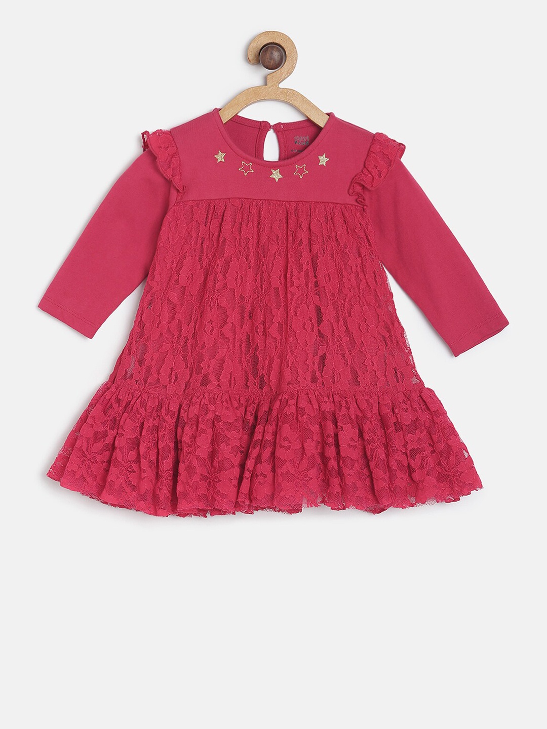 

MINI KLUB Girls Red Self Design A-Line Dress With Hairband