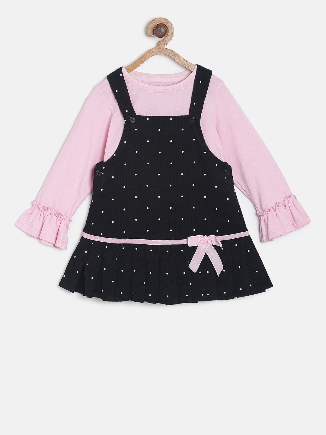 MINI KLUB Girls Black & Pink Pure Cotton A-Line Pinafore Dress with T-Shirt