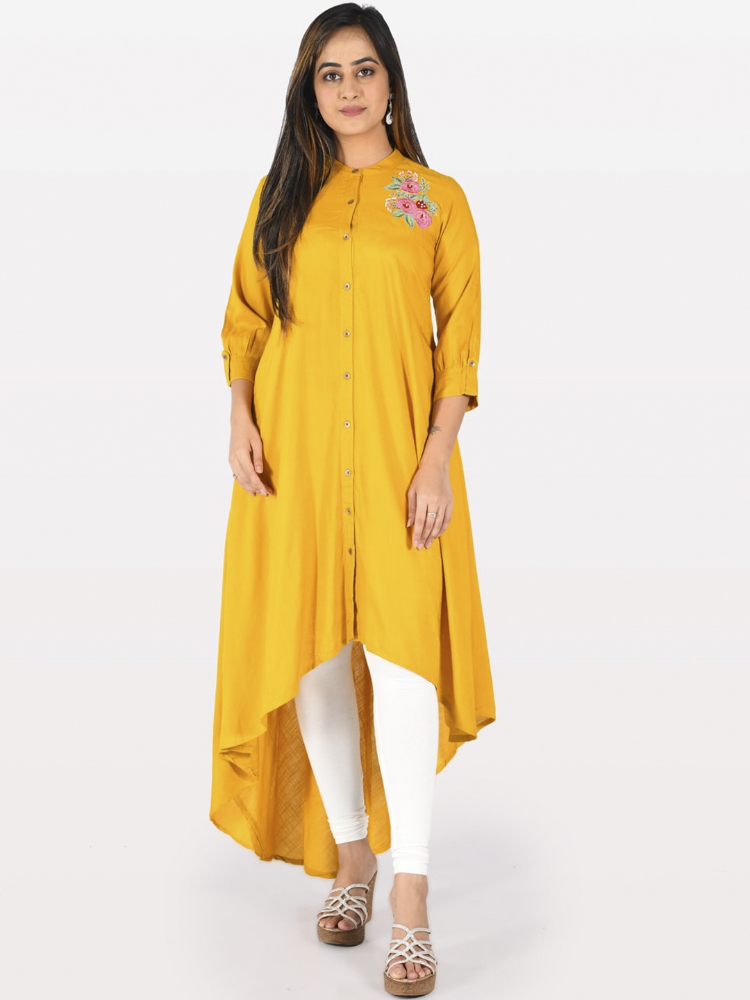 

Neerus Women Mustard Yellow & Pink Floral Embroidered A-Line Kurta