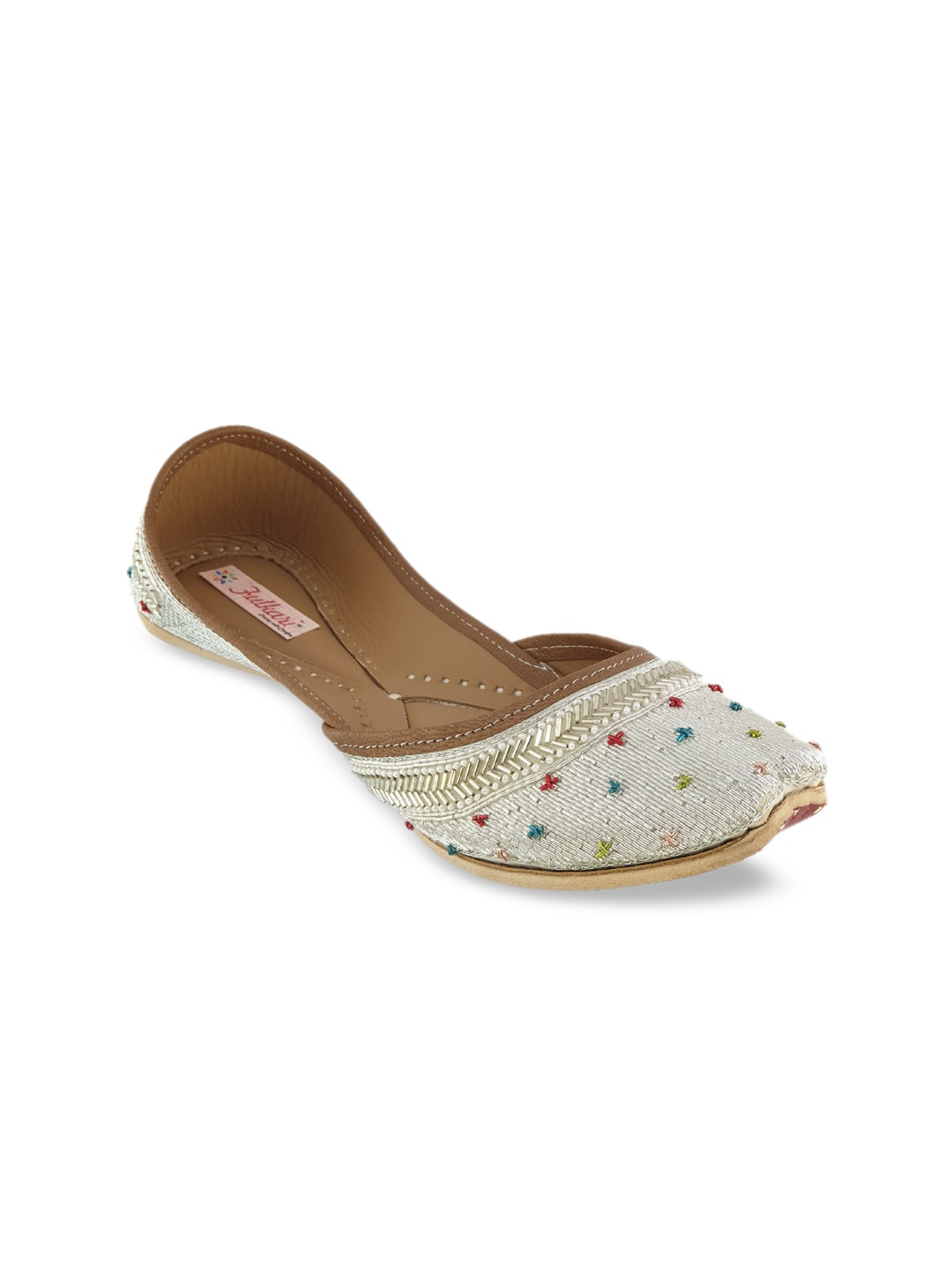 Fulkari Women Silver-Toned Embellished Leather Mojaris