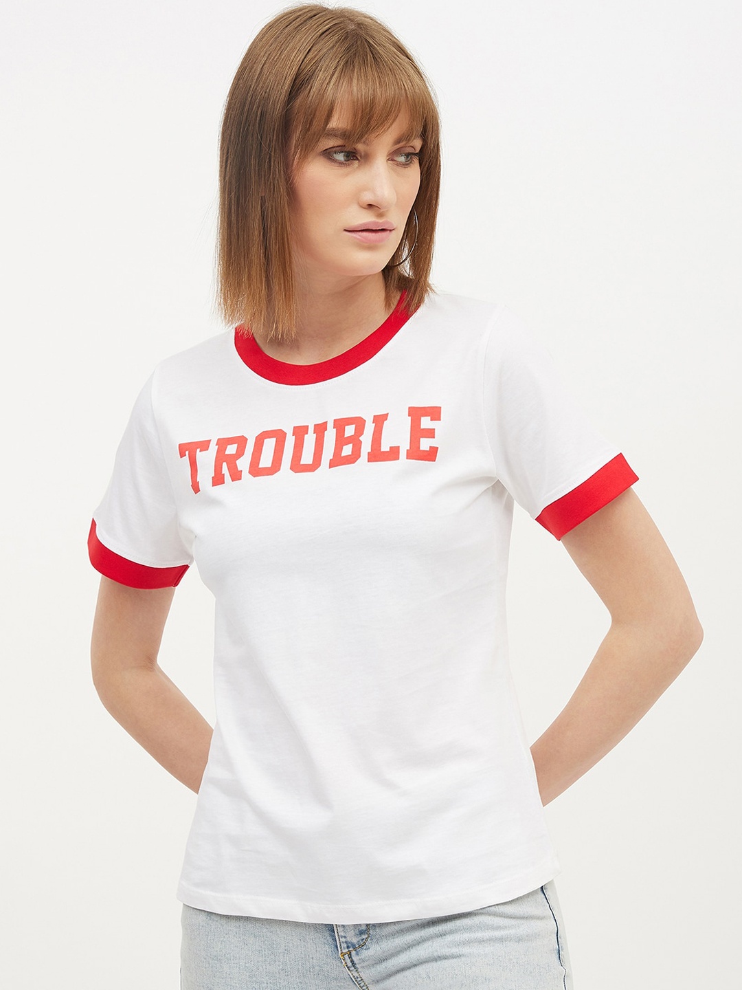 

Harpa Women White Printed Round Neck Pure Cotton T-shirt