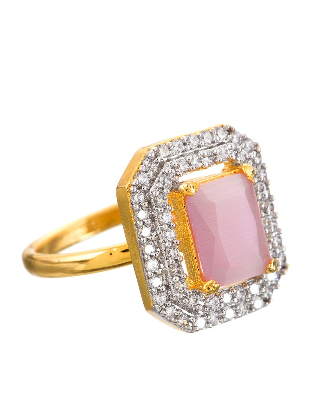 

INDYA Square Shaped Crystal Studded Ring With Pink Stone In The Centre