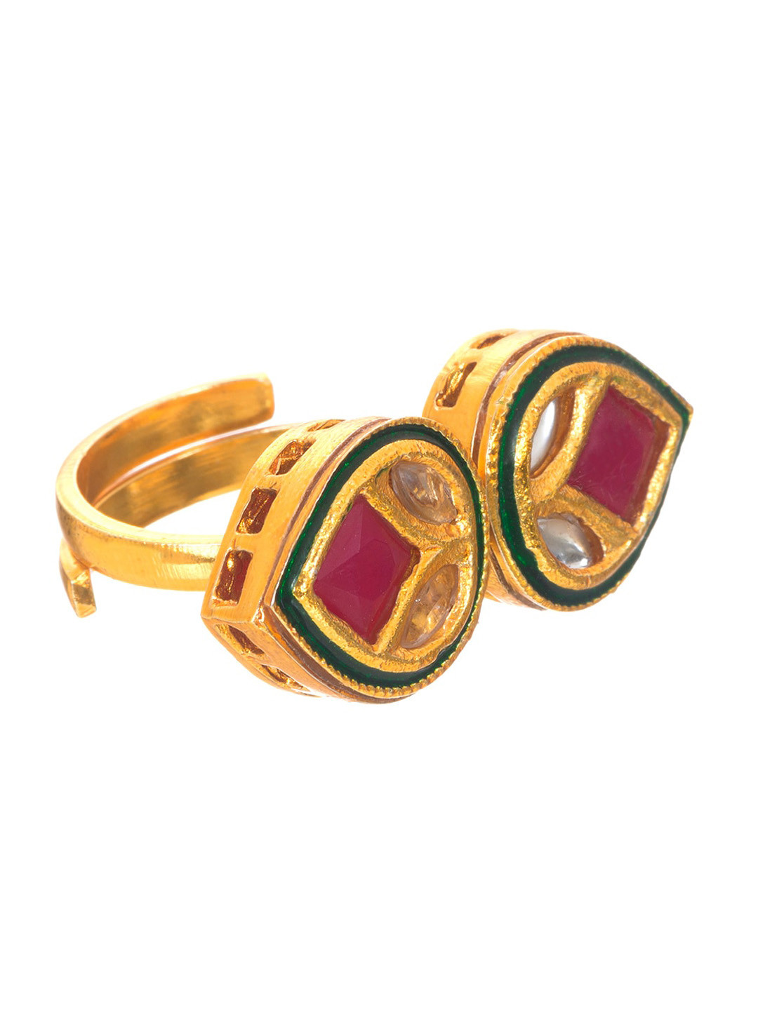 

INDYA Gold-Plated & Red Enamelled Kundan-Studded Pear Shaped Finger Ring