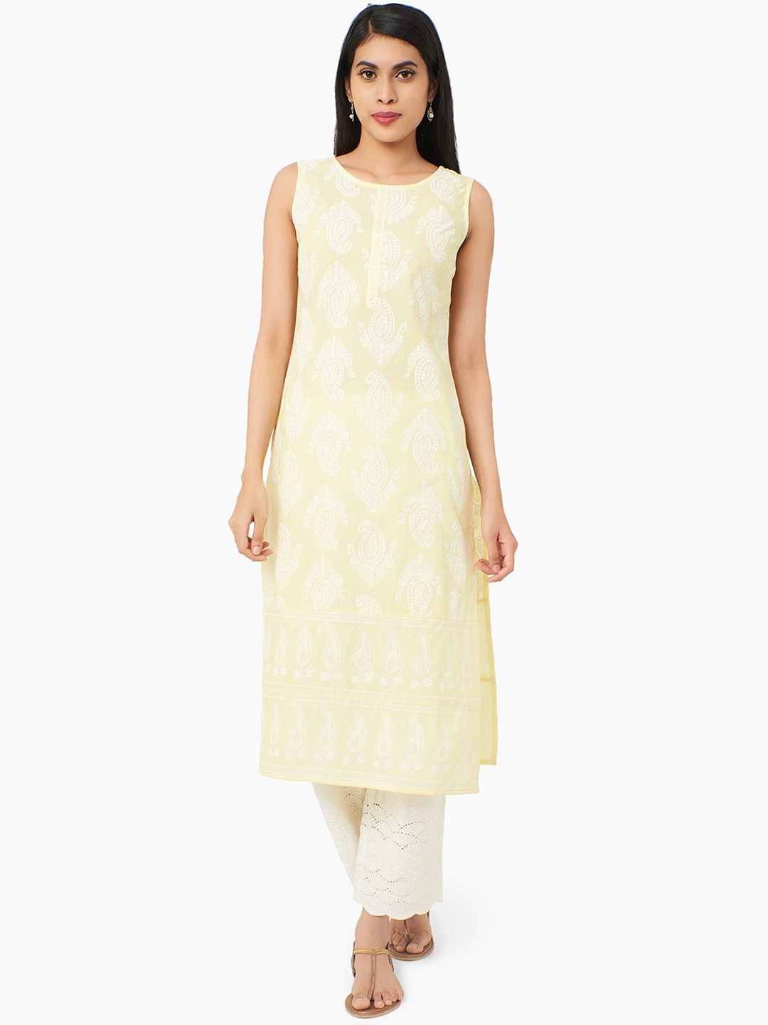 

IMARA Women Yellow & White Printed Straight Kurta