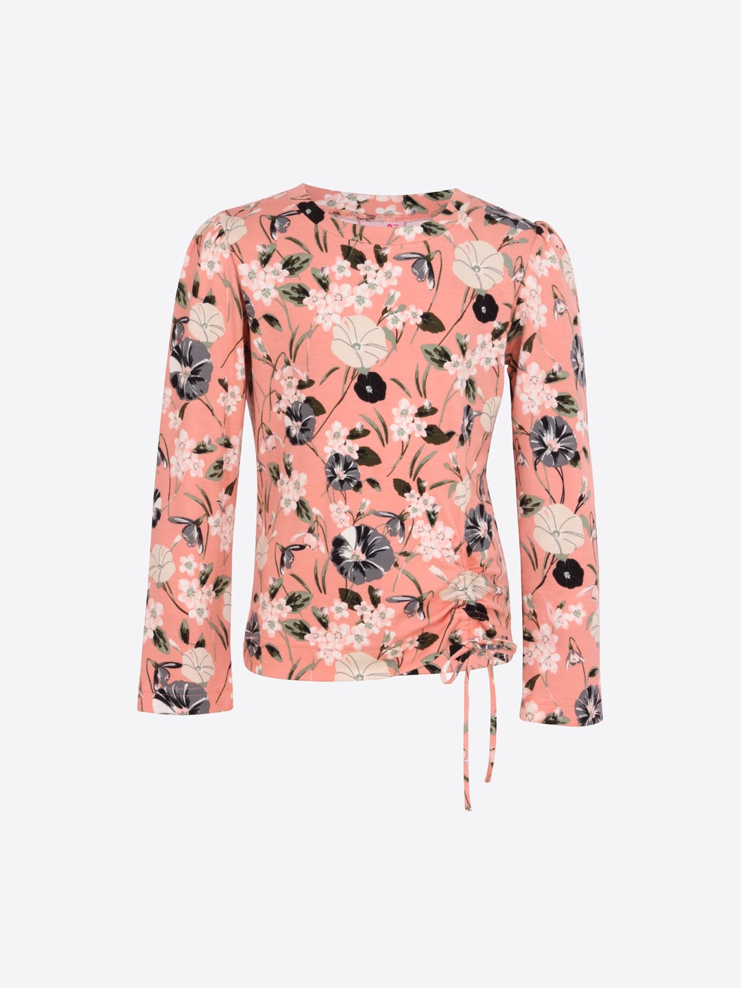 

CUTECUMBER Girls Peach-Coloured Floral Printed Round Neck T-shirt