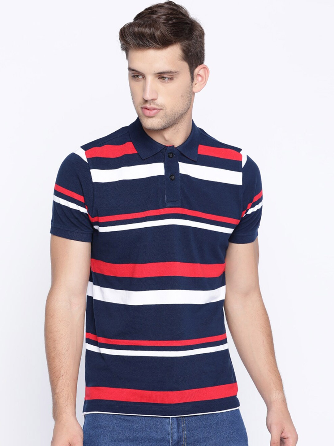

Basics Men Navy Blue Striped Round Neck T-shirt