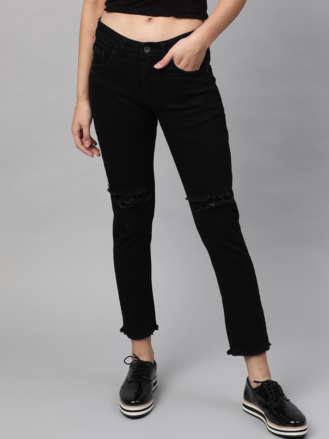 STREET 9 Women Black Skinny Fit Mid-Rise Slash Knee Stretchable Jeans