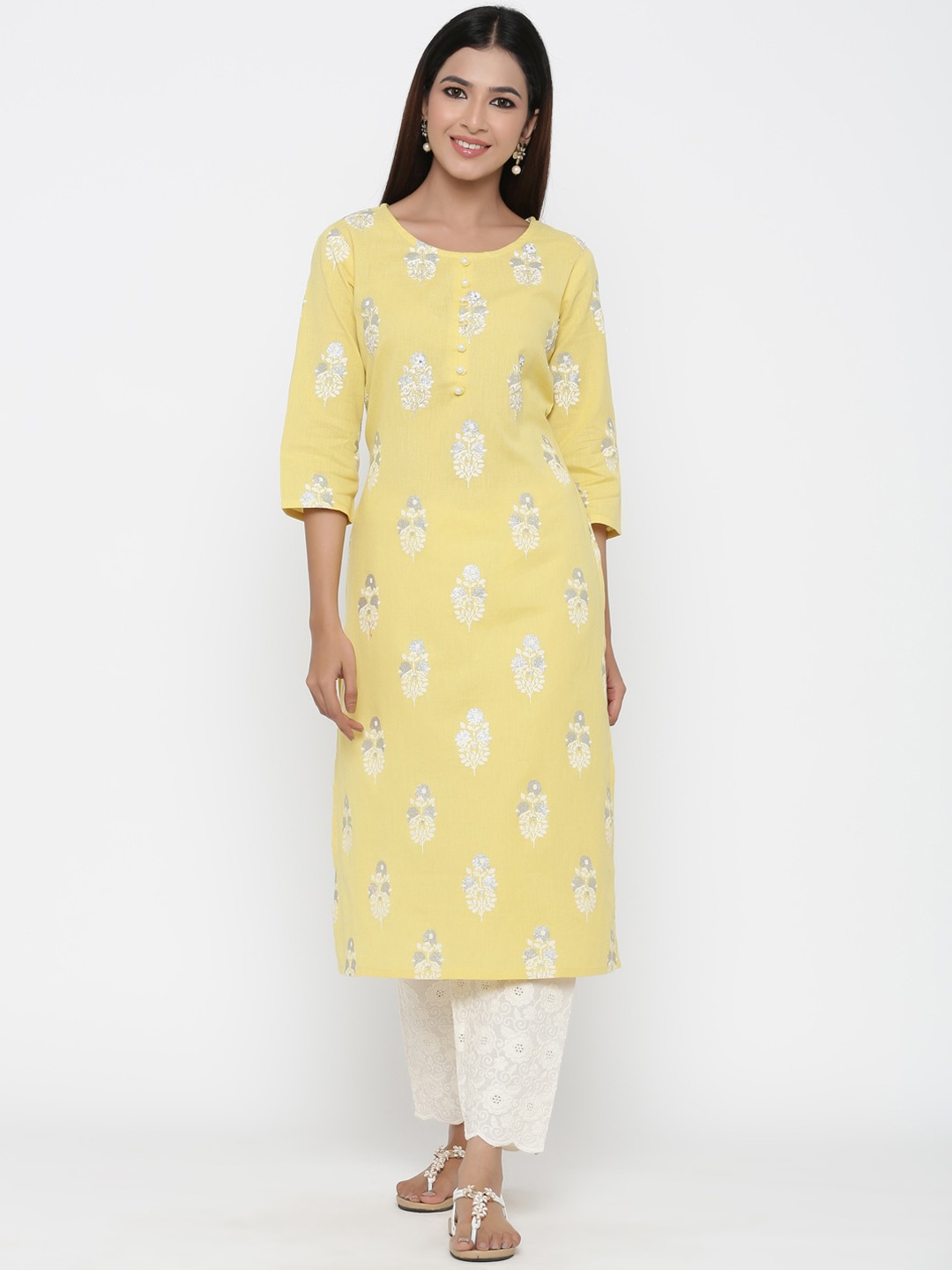 

Silai Bunai Women Yellow & Off-White Printed Kurta with Trousers
