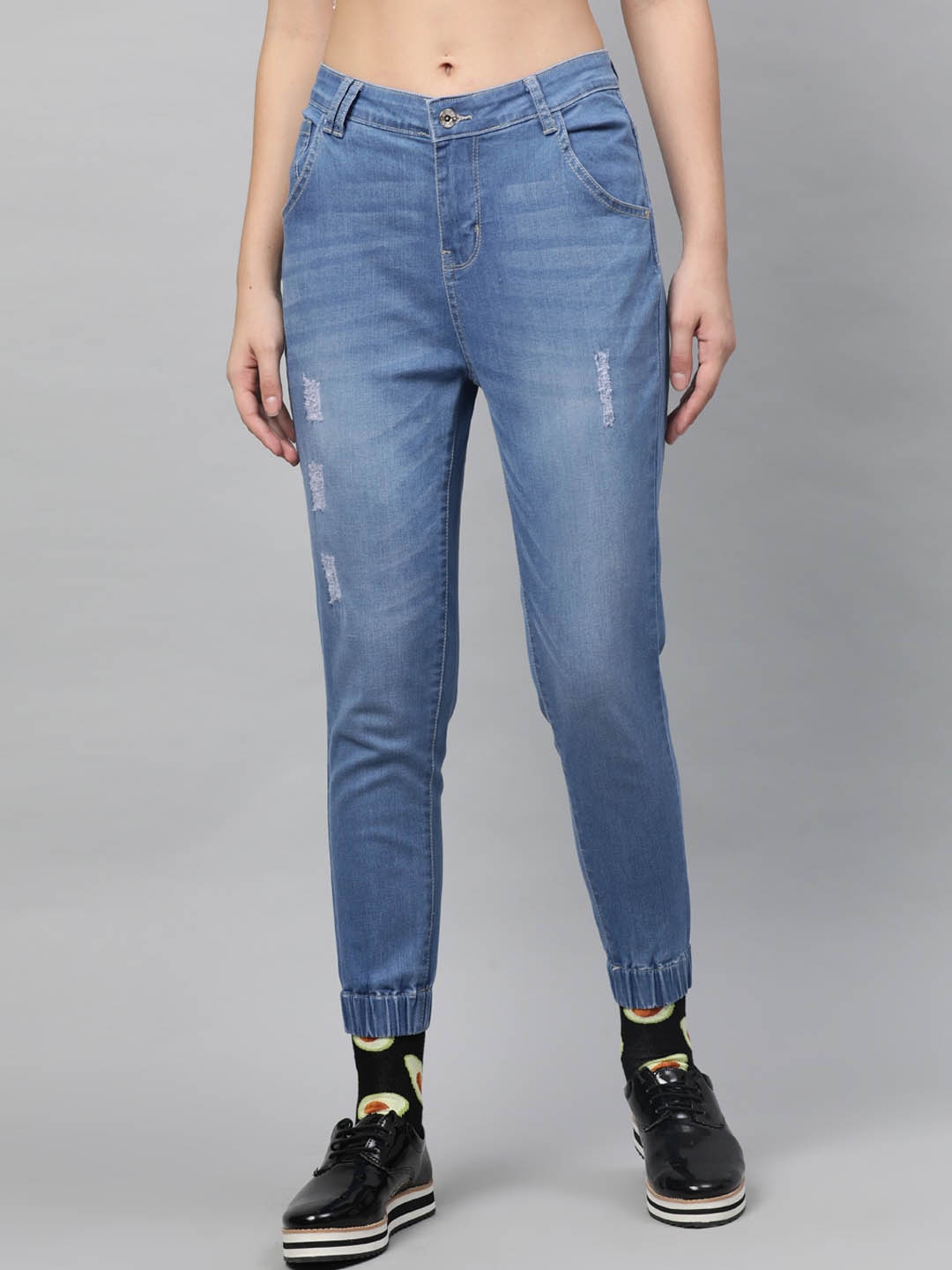 STREET 9 Women Blue Jogger Mid-Rise Low Distress Stretchable Jeans