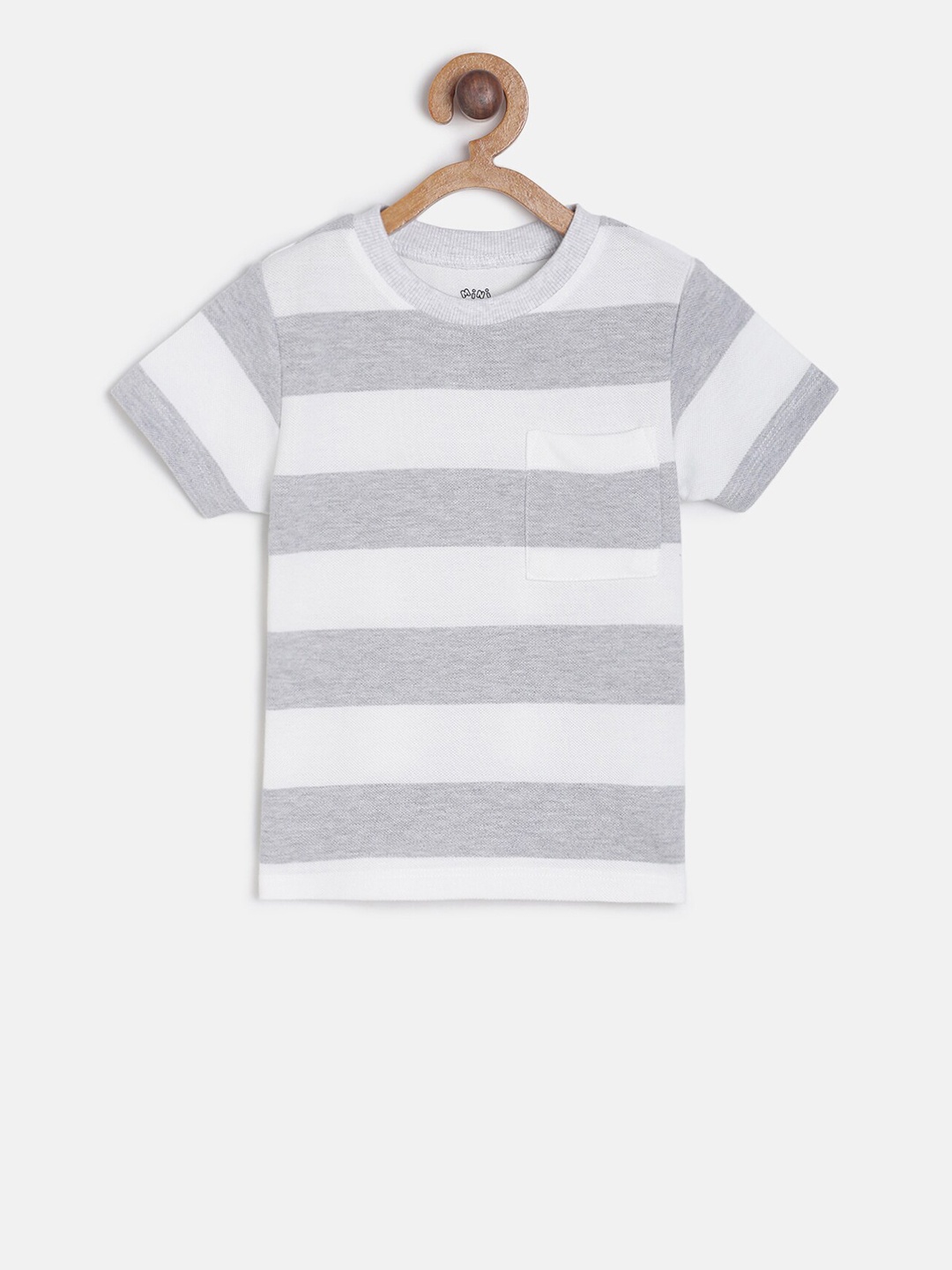 

MINI KLUB Boys White Grey Striped Round Neck Pure Cotton T-shirt