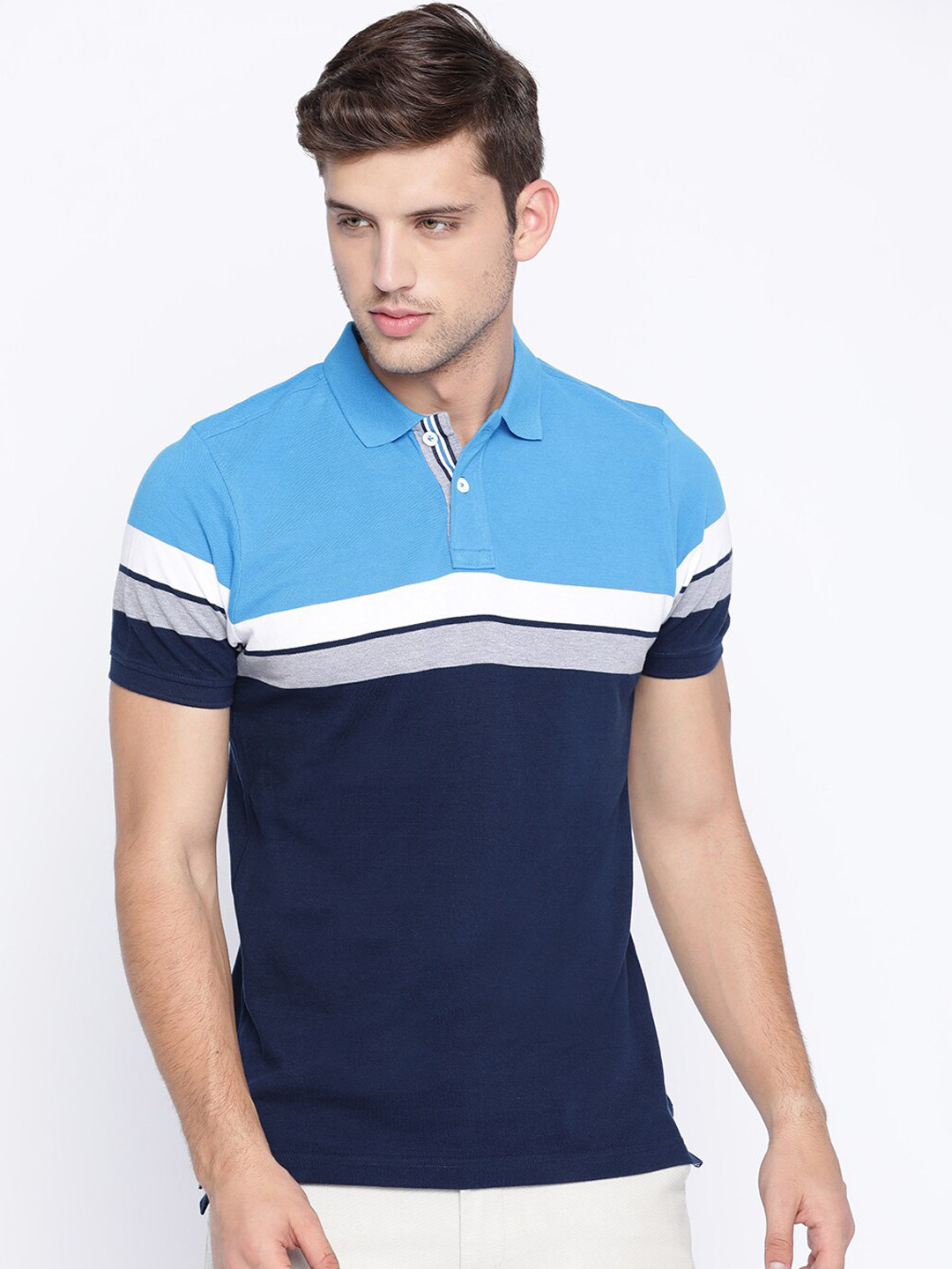 

Basics Men Navy Blue Striped Round Neck T-shirt
