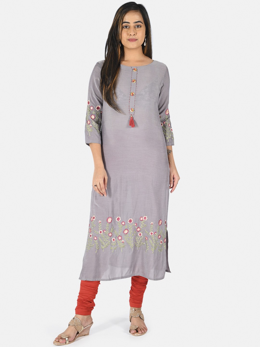 

Neerus Women Grey Embroidered Silk Straight Kurta