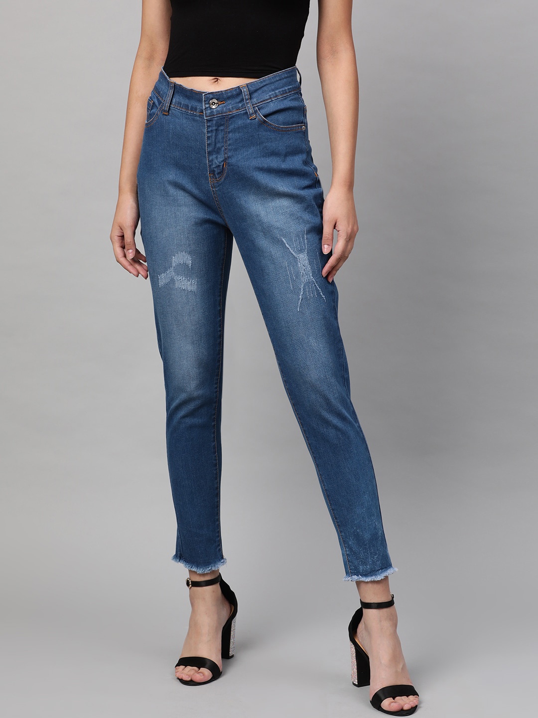 

STREET 9 Women Blue Skinny Fit Mid-Rise Low Distress Stretchable Jeans