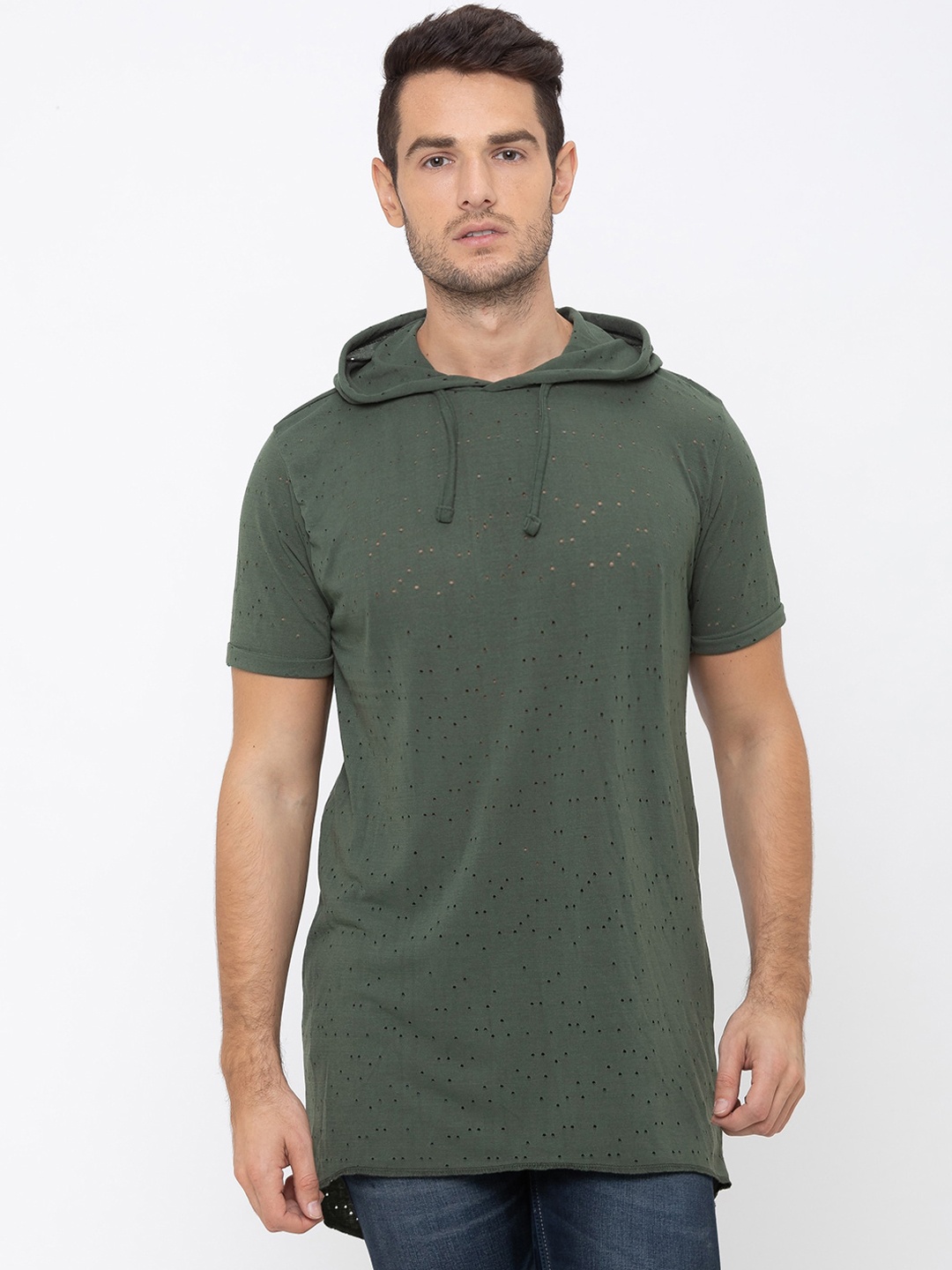 

Globus Men Olive Green Self Design Hood T-shirt