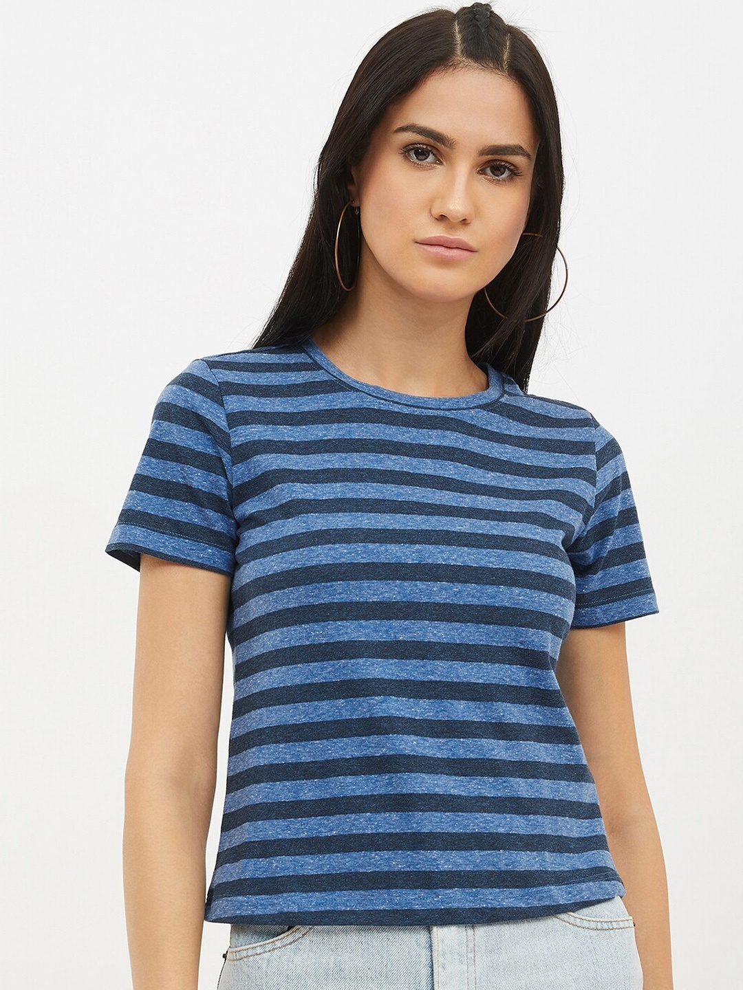 

Harpa Women Blue Striped Round Neck T-shirt