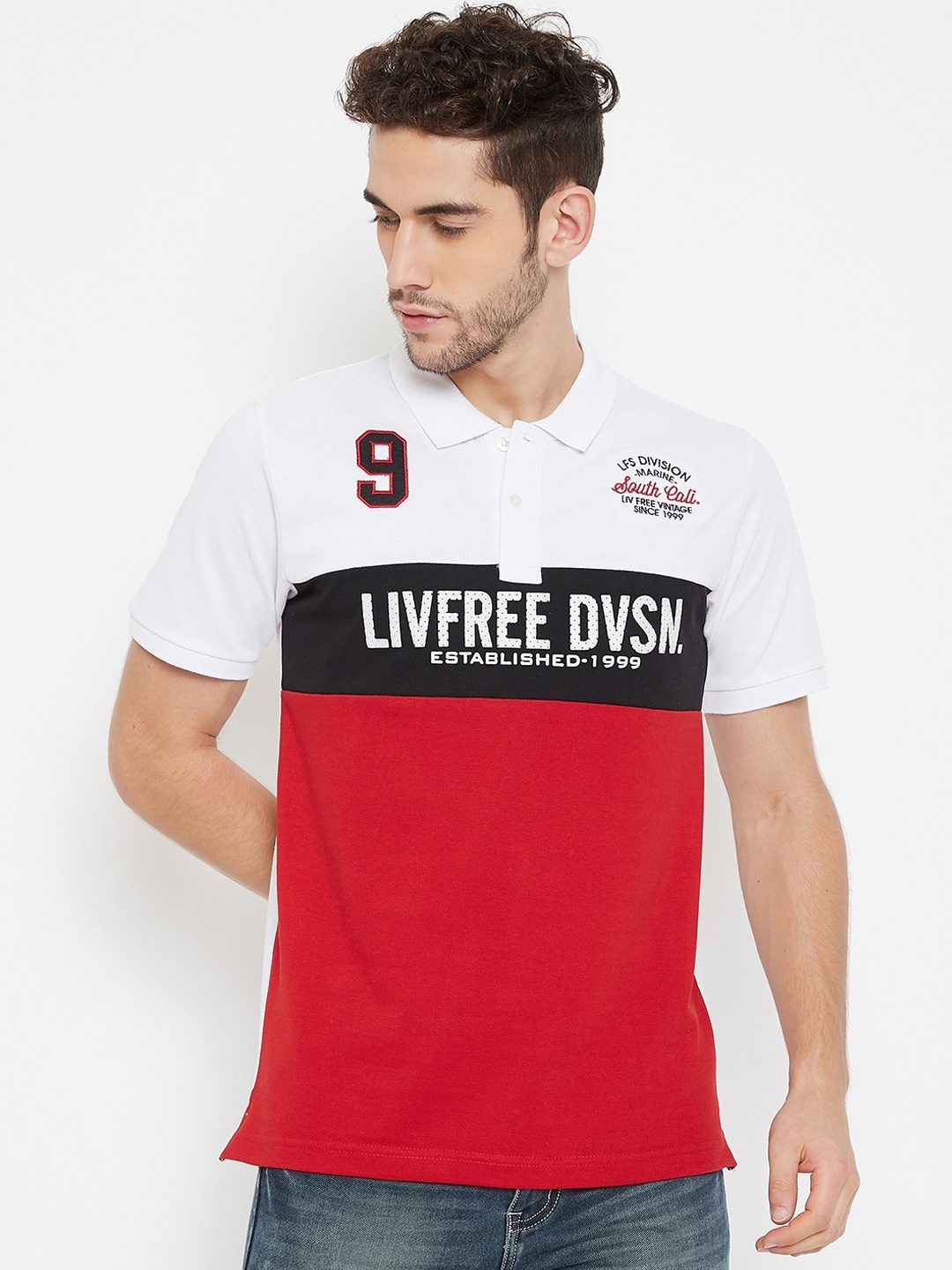 

NEVA Men White & Red Colourblocked Cotton Polo Collar T-shirt
