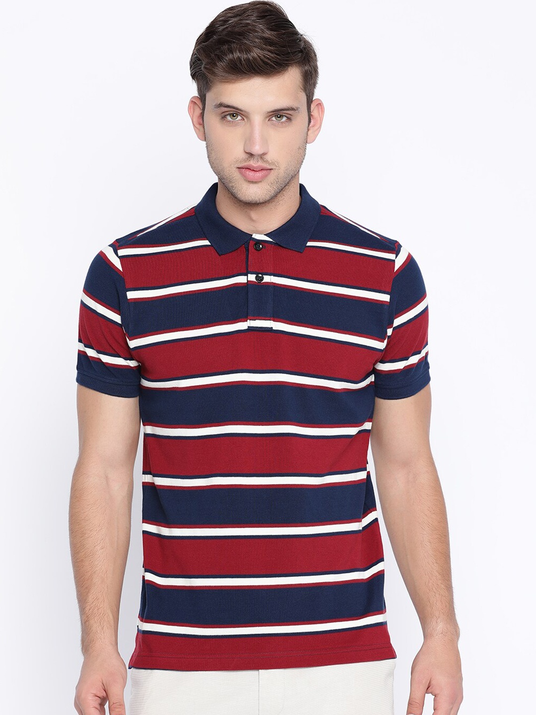 

Basics Men Maroon Striped Round Neck T-shirt
