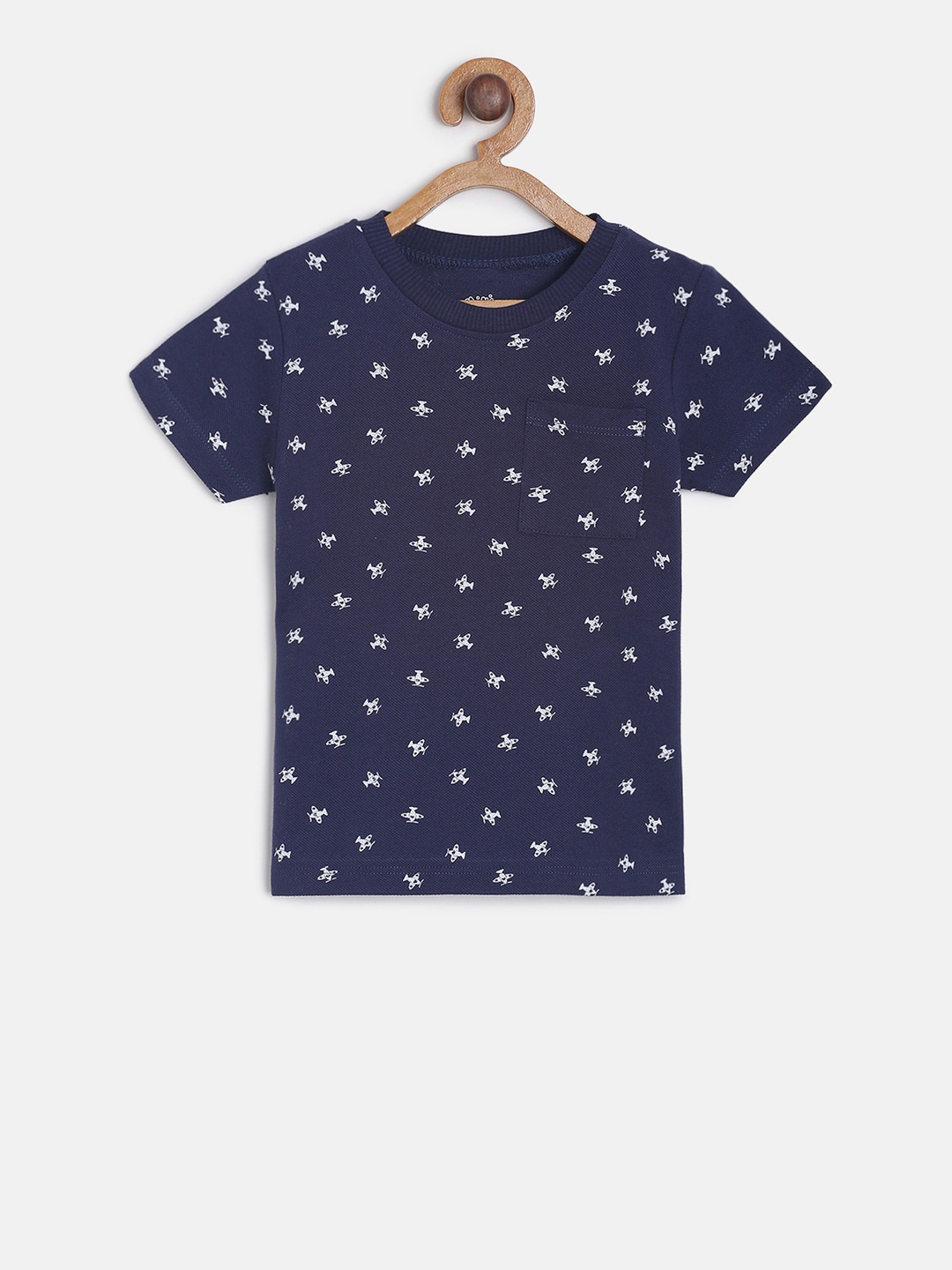 

MINI KLUB Boys Navy Blue Printed V-Neck Pure Cotton T-shirt