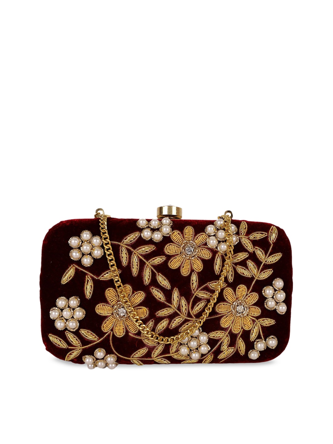 

REZZY Burgundy & Gold-Toned Embellished Box Clutches