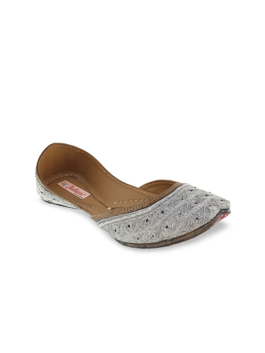 

Fulkari Women Silver-Toned Embellished Leather Mojaris